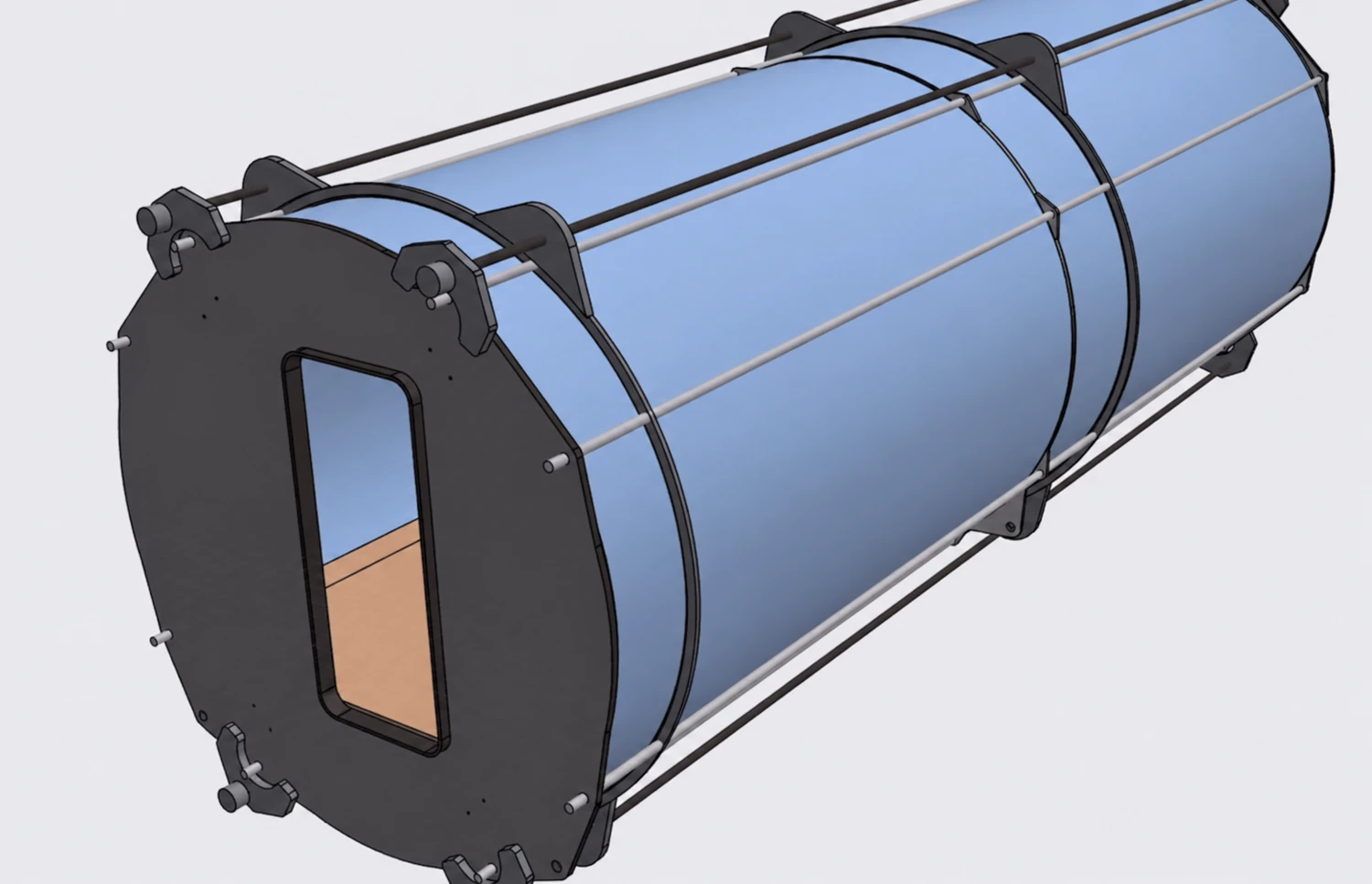 CAD view of the acrylic cylinder and its longitudinal cleaning mechanism.