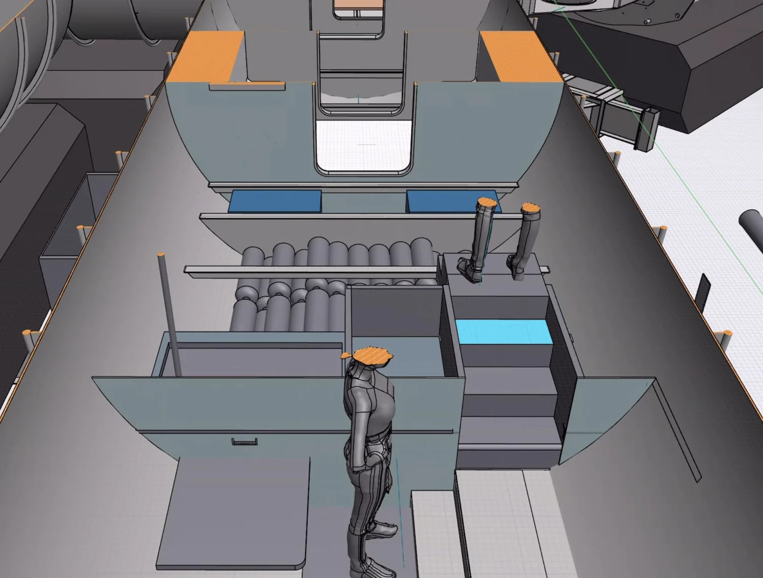 Model looking along the dive centre, past the moonpool opening and stored cylinders to the airlock.