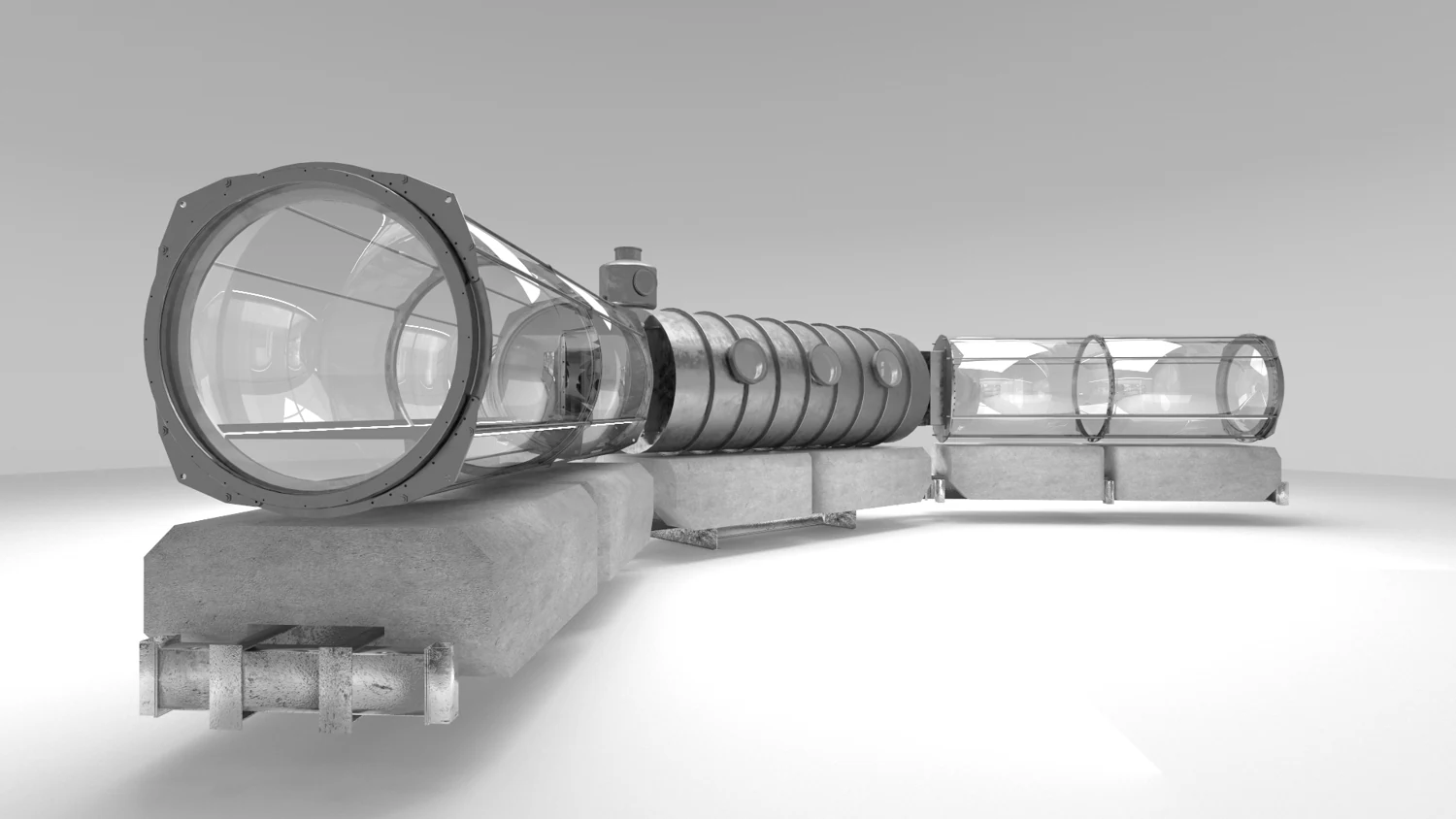 Oblique rendering of the five-module habitat, with transparent acrylic wings.