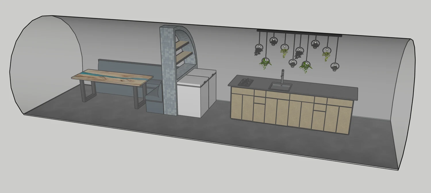 Cutaway model of the kitchen counter, dining nook, storage and refrigerator.