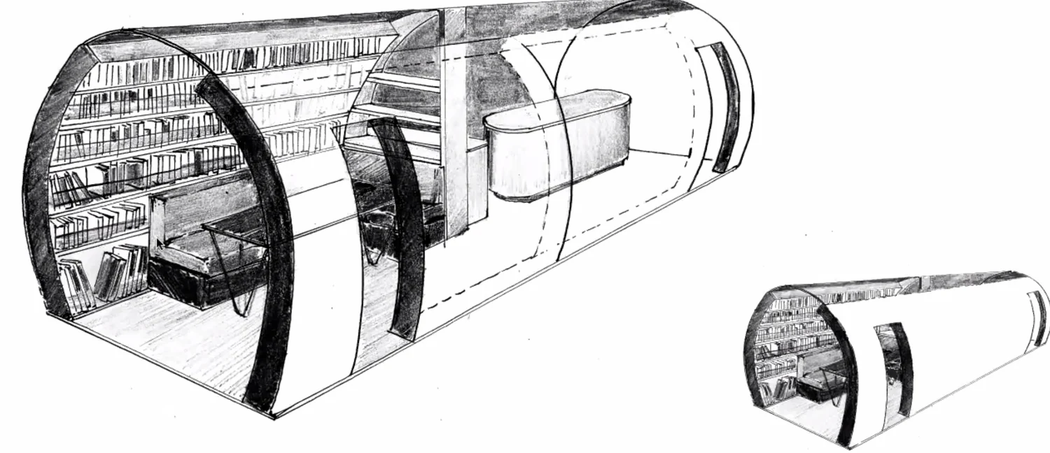 Illustrated cutaway of the library shelves, seating and kitchen counter.