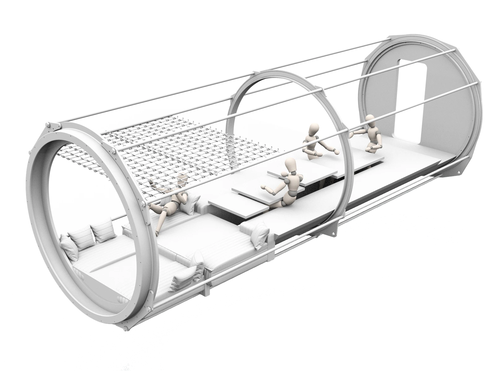 3D model of shared seating, tables and a suspended net.