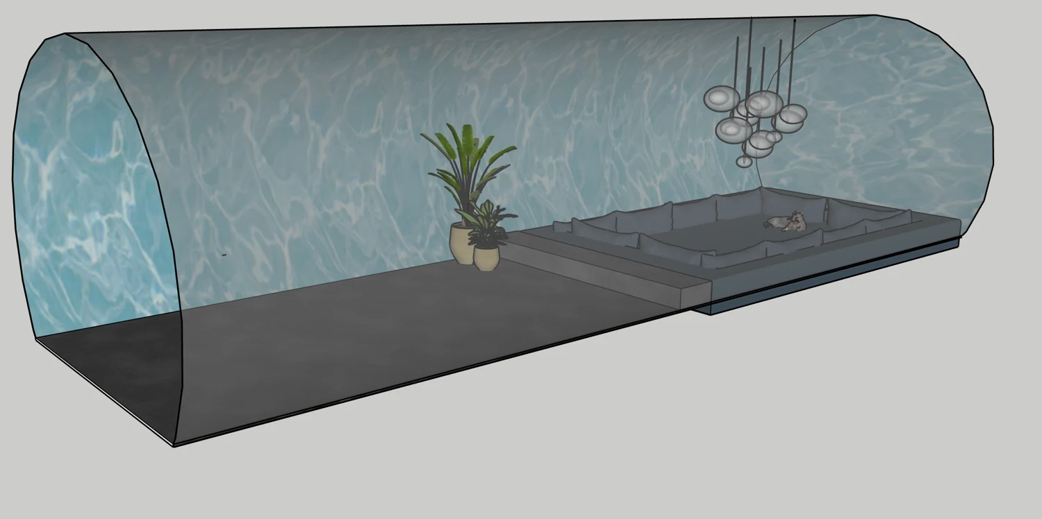 Cutaway model of an acrylic module with sunken seating and suspended lights.