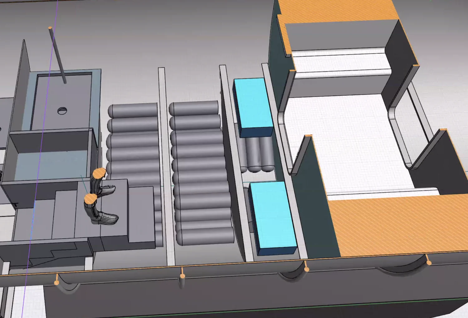 Cutaway equipment layout showing service access around tanks and machinery.
