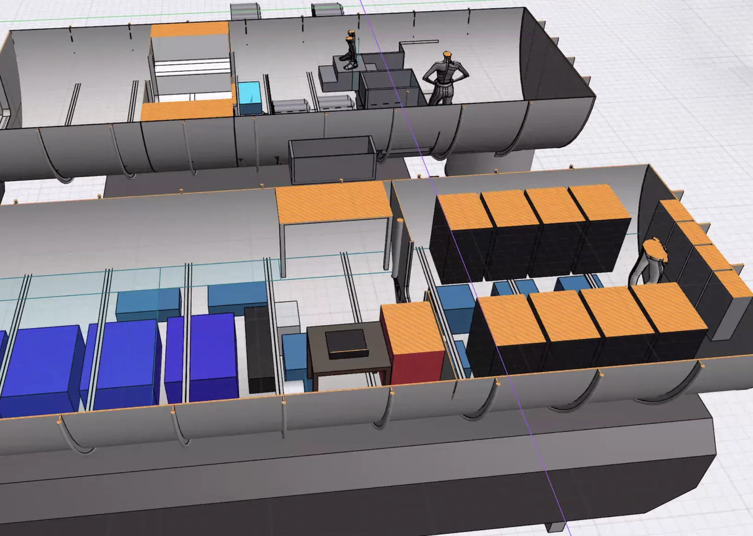 Cutaway model of equipment racks, batteries and dive-centre equipment.