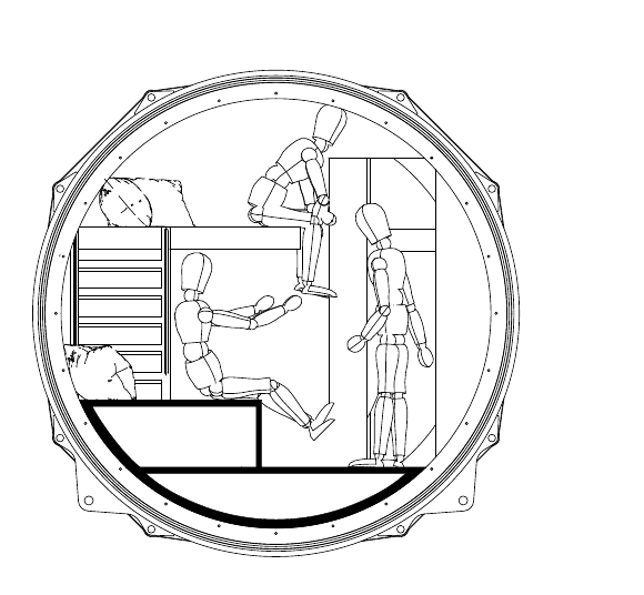 Cross section of the private module, showing spaces at different heights.