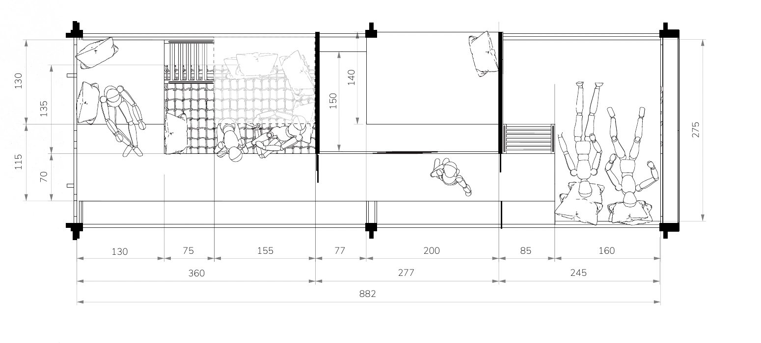 Dimensioned plan of the private sleeping spaces.