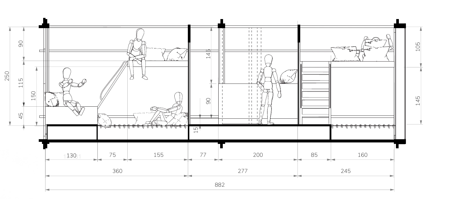 Dimensioned section of the private module with sleeping platforms and room dividers.