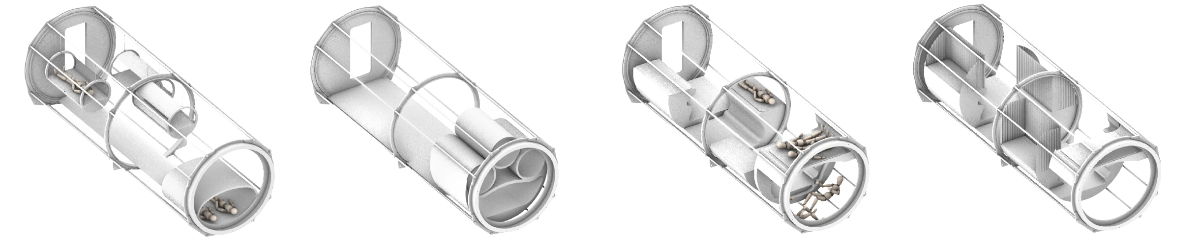 Four 3D studies of hanging and separate sleeping pods.