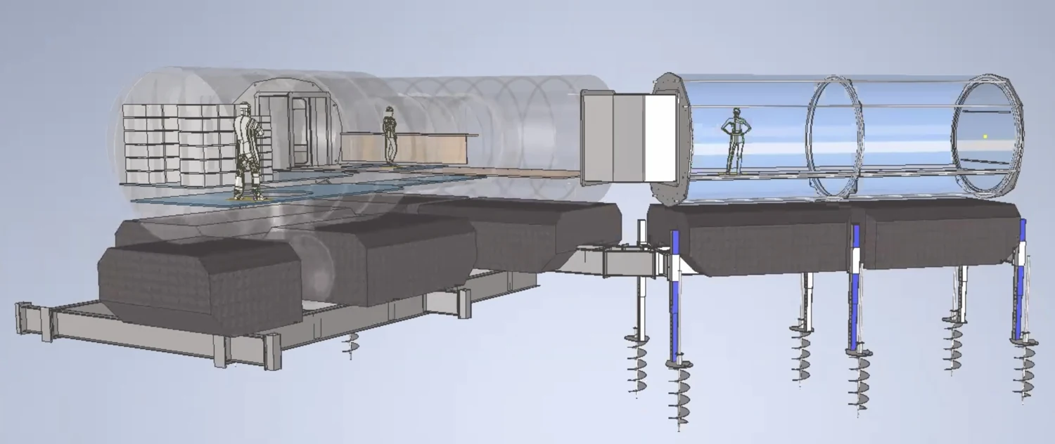 Model rendering showing ballast blocks and adjustable screw supports.