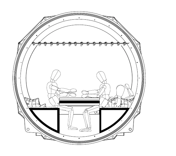 Circular section through the acrylic module with furniture.