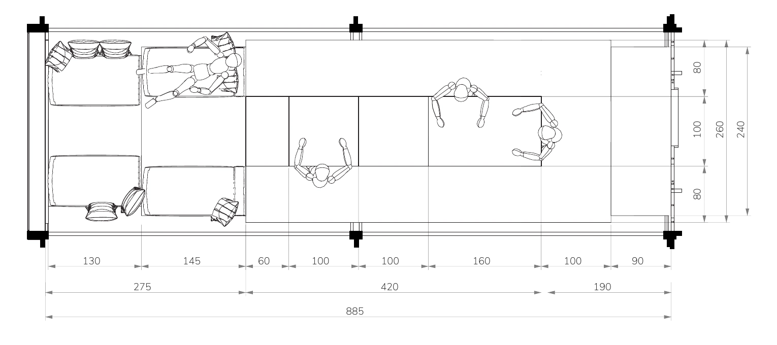 Dimensioned floor plan of the shared module.
