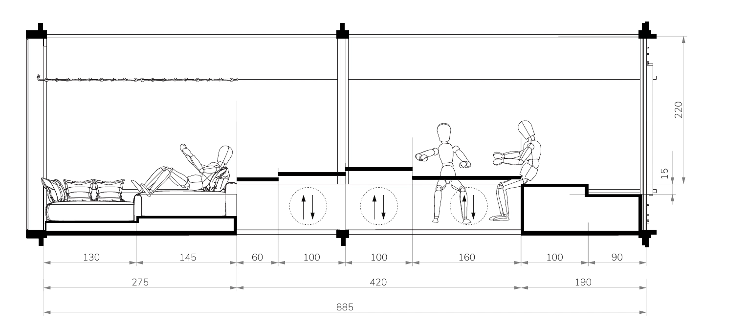 Dimensioned section through the shared module, showing furniture and floor levels.