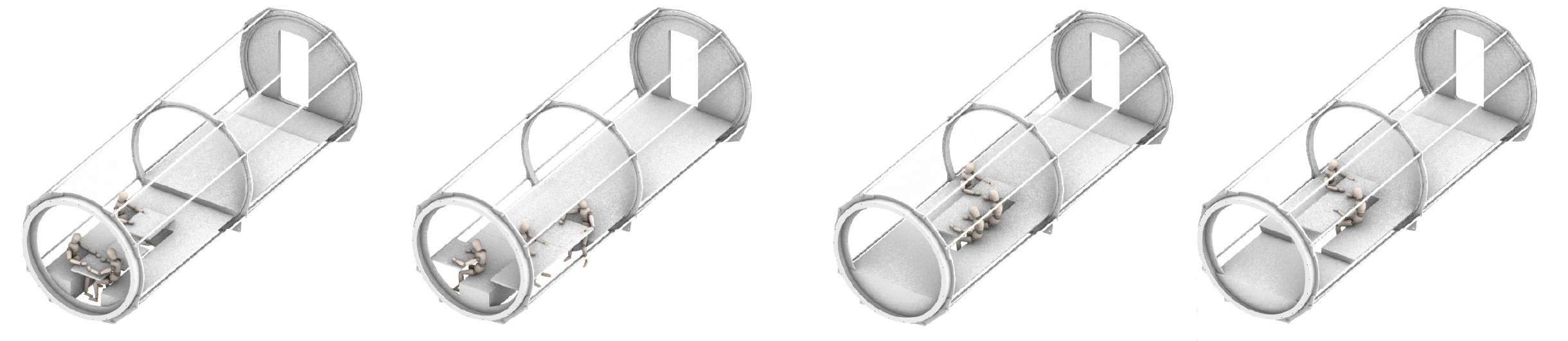 Four 3D studies of table placement and floor levels.