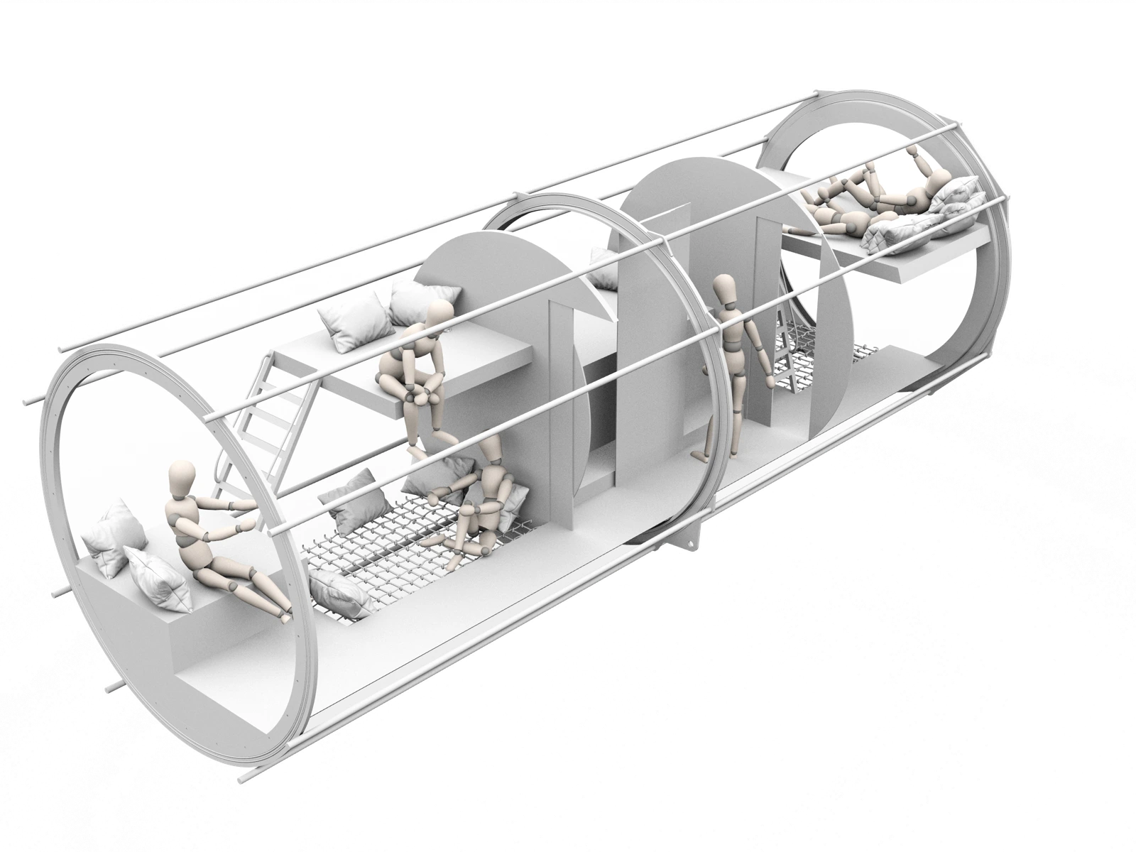 3D model showing private spaces at several heights inside the acrylic cylinder.