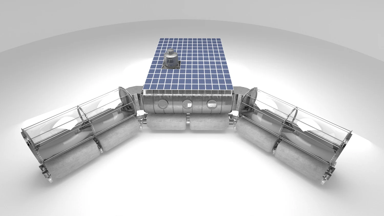 CAD rendering of the habitat with a solar array on the roof of the central module.