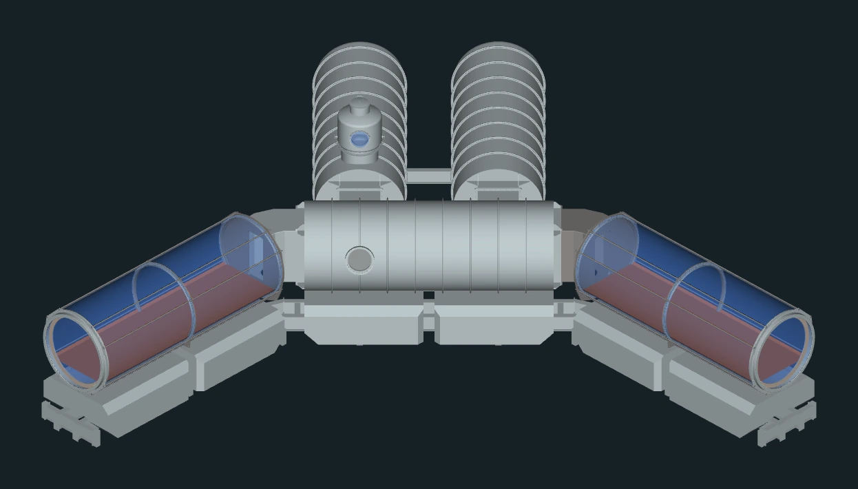 Render of the complete structural assembly with ballast blocks.
