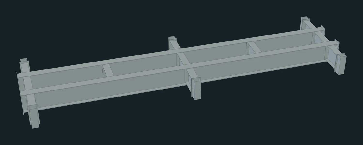 Render of the steel support frame under an acrylic module, from the assembly model.