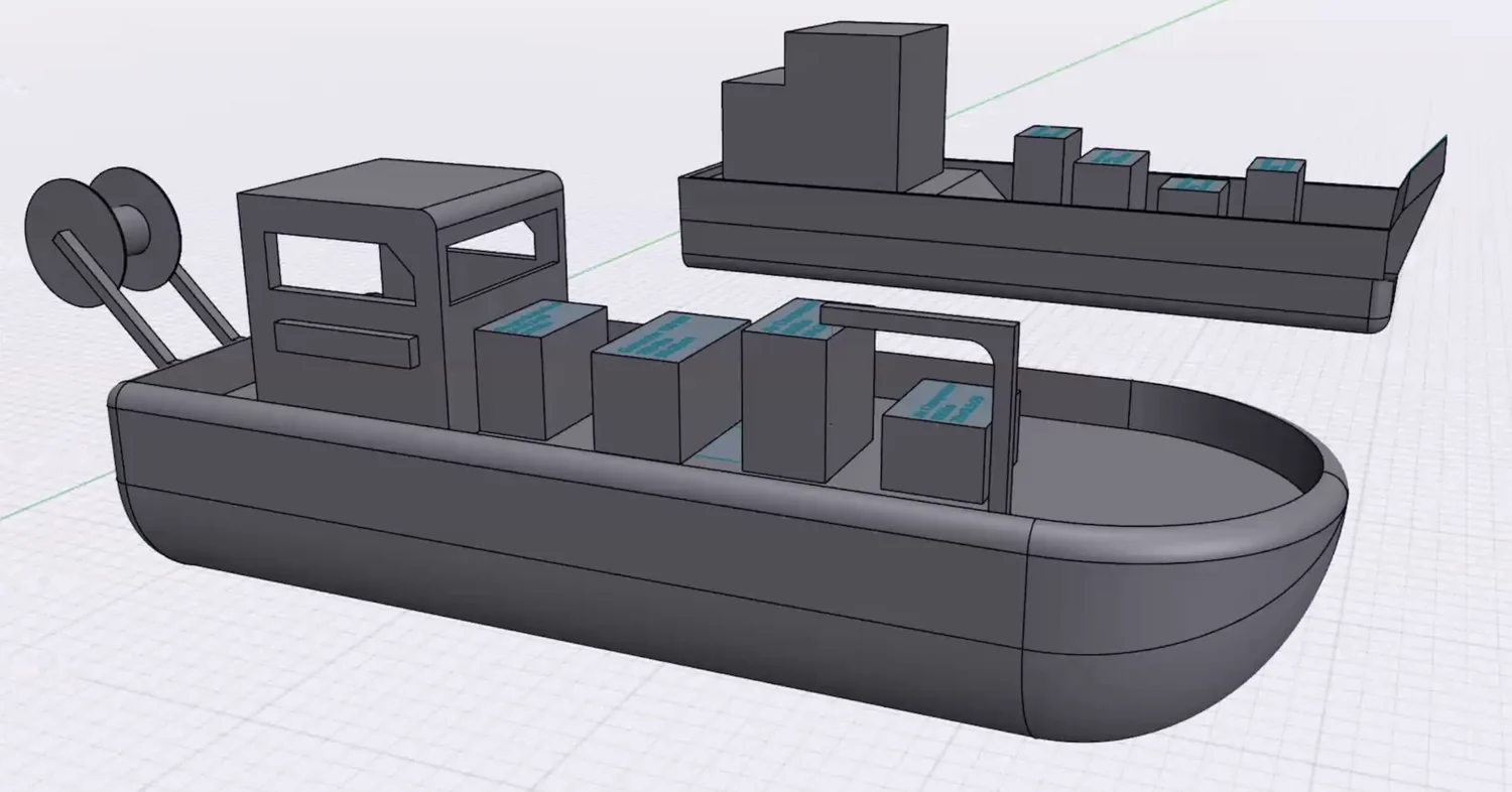 Two models of support vessels, showing machinery blocks and a winch.
